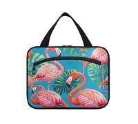Vintage Painting Flamingos Palm Leaf Blue Hanging Large Toiletry Bags for Women with Hook, Designer Accessories Makeup Bag Organizer for Travel Must Haves Backpacking bolsos para Hombre L