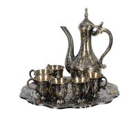Vintage Palace Inspired Shot Glass Set with Tray and Holder, Coffee | Zinc Alloy, Embossed Teapot and Wine Cups, Ornate Detailing for Tea Service, Table Centerpiece