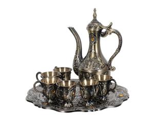 Vintage Palace Inspired Shot Glass Set with Tray and Holder, Coffee | Zinc Alloy, Embossed Teapot and Wine Cups, Ornate Detailing for Tea Service, Table Centerpiece