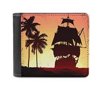 Vintage Palm Trees Pirate Ship Silhouettes in the Ocean Leather Bifold Wallet Coin Purse Soft Stylish Credit Pass Case Card-Holder for Boy Girl Men Woman Money Storage