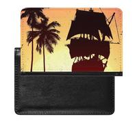 Vintage Palm Trees Pirate Ship Silhouettes in the Ocean Women's Passport Protector, Men's Passport Protector, PU Travel Passport Protector for Women Men Worker 5.8 x 3.9 x 0.4 inch