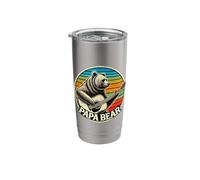Vintage Papa Bear Playing Guitar Retro Rainbow Sunset Stainless Steel Insulated Tumbler