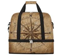 Vintage Paper Compass Pattern Foldable Travel Duffel Bag Expandable Gym Bag with Shoe Compartment Large Capacity Weekender Bag Carry On Tote Bag for Travel Sports Overnight Trips