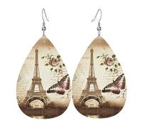 Vintage Paris Eiffel Tower Butterfly Print Leather Dangle Earrings for Women - Lightweight Teardrop Fashion Statement Earrings