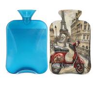 Vintage Paris Eiffel Tower Car Hot Water Bottle with Cover, 2L Hot Water Bag for Pain Relief, Neck Soft and Shoulder, Hand Feet Warmer, Hot and Cold Compress for Adult Kids