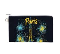 Vintage Paris Eiffel Tower Fireworks Small Canvas Coin Purse Change Zippered Pouch Wallet Organizer Bags 7.4 X 4.6 Inch