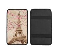 Vintage Paris Flower Car Armrest Cushion Eiffel Tower Waterproof Auto Center Console Pad Car Armrest Seat Box Cover Protector Universal Fit for Most Vehicle SUV