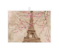 Vintage Paris Flower Dish Drying Mat Absorbent Draining Board Pad for Kitchen Counter Eiffel Tower Coffee Mat Dishes Drainer Protector with Hanging Loop 18 x 24 Inch
