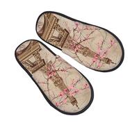 Vintage Paris Flower Slippers for Women Men Eiffel Tower Non-Slip House Slippers Indoor Comfy Fuzzy Footwear Memory Foam Bedroom Travel Shoes M