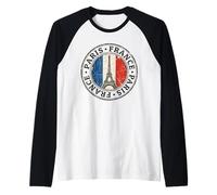 Vintage Paris France Emblem with Distressed Eiffel Tower Raglan Baseball Tee