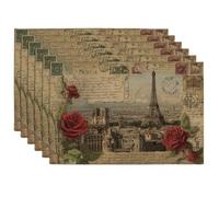 Vintage Paris Rose Placemats, Red Floral Table Mats for Dining Table, Non-Slip Washable Indoor Outdoor Party Decorative Placemat Set of 6