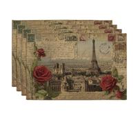 Vintage Paris Rose Placemats, Red Floral Table Mats for Dining Table, Non-Slip Washable Indoor Outdoor Party Decorative Placemat Set of 4