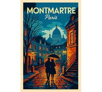 Vintage Paris Travel Poster Illustrating Montmartre Night Scene_result - A4 Travel City Poster Wall Art Home Decor Art Print Featuring Urban Landmarks and Global Views for Stylish Interior Display