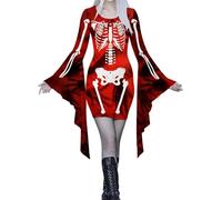 Vintage Party Dress Womens Cold Shoulder Butterfly Sleeve A-Line Swing Costume Pumpkin Skeleton Print Prom Cocktail Gown Women UK Size Costumes for Halloween Medieval Red