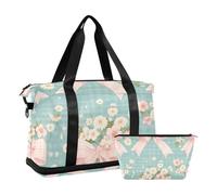 Vintage Pastel Pink Bows Wildflowers Blue Plaid Checks Large Carry On Airport Bag with Wet Pocket Adjustable Strap Tote Bag for Hiking Multifunctional for Men Women
