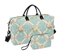 Vintage Pastel Pink Bows Wildflowers Blue Shapes Decorative Carry On Shoulder Weekend Tote Gym Duffel Bag with Adjustable Strap for Sports 2 Pcs Set bolso para en Avion