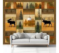 Vintage Patchwork Bear Deer Pine Trees Art Photo Wallpaper 200 x 140 cm Wall Mural Non-Woven,Brown Wallpaper 3D Effect Wall Mural Decoration, for Bedrooms Living Room Bathroom Hallway