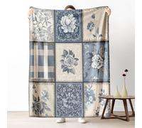 Vintage Patchwork Blanket for Couch, Floral Checkered Fleece Blanket 60"x80" Warm Soft, Farmhouse Chic Throw Blanket for Bed, Cozy Lightweight Washable Bedding for All Season