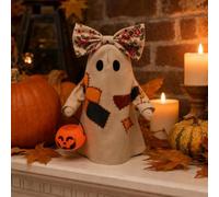 Vintage Patchwork Ghost, Vintage Patchwork Ghost with Pumpkin Lantern, Rustic Farmhouse Halloween Figurine, Halloween Ghosts for Mantel Shelf Entryway Porch (White no/Light 30cm)