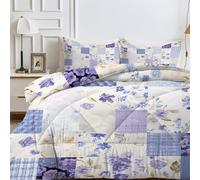 Vintage Patchwork Pattern Double Duvet 7.5 Tog, Purple Checkered Reversible Coverless Duvet Double, Soft Bedding Comforter Sets for All Seasons, Lightweight Quilt with 2 Pillowcases - 200x200 cm