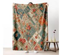 Vintage Patchwork Throw Blanket for Couch, Shabby Chic Fleece Blanket 40"x60", Aesthetic Floral Blanket for Bed, Warm Soft Cozy Lightweight Bedding for All Season