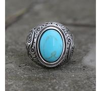 Vintage Pattern Gem Stainless Steel Ring - Rugged and Elegant Turquoise Band for Men, Durable and Timeless Design for Bikers and Accessory Enthusiasts