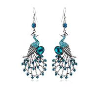 Vintage Peacock Dangle Earrings for Women Bohemian Blue Crystal Feather Peafowl Statement Drop Dangling Stud Earring Boho Xmas Birthday Holiday Wedding Jewelry Gifts for Her Bff Valentine's Day