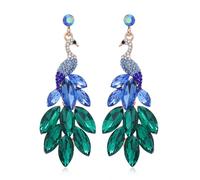 Vintage Peacock Dangle Earrings for Women Girls 14K Gold Plated Green Crystal Feather Peafowl Statement Drop Dangling Stud Earring Boho Exaggerated Birthday Holiday Jewelry Gifts (Blue Green)