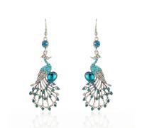 Vintage Peacock Dangle Hook Earrings for Women Girls Bohemian Blue Crystal Feather Peafowl Statement Drop Dangling Stud Earring Boho Xmas Holiday Wedding Jewelry Gifts for Her (Light Blue CZ)