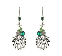 Vintage Peacock Dangle Hook Earrings for Women Girls Bohemian Blue Crystal Feather Peafowl Statement Drop Dangling Stud Earring Boho Xmas Holiday Wedding Jewelry Gifts for Her (Green CZ)