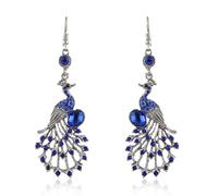Vintage Peacock Dangle Hook Earrings for Women Girls Bohemian Blue Crystal Feather Peafowl Statement Drop Dangling Stud Earring Boho Xmas Holiday Wedding Jewelry Gifts for Her (Blue CZ)