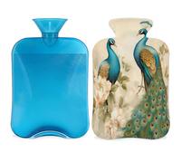 Vintage Peacock Flower Hot Water Bottle with Cover, Animal Painted 2L Hot Water Bag for Pain Relief, Neck Soft and Shoulder, Hand Feet Warmer, Hot and Cold Compress for Adult Kids