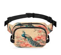 Vintage Peacock Flower Peony Fanny Pack for Women Men, Waterproof Waist Bag with Adjustable Strap Dual Zippers, Lightweight Crossbody Chest Bag for Running Hiking Sports