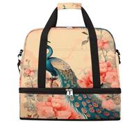 Vintage Peacock Flower Peony Foldable Travel Duffel Bag Expandable Gym Bag with Shoe Compartment Large Capacity Weekender Bag Carry On Tote Bag for Travel Sports Overnight Trips