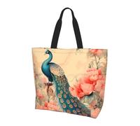 Vintage Peacock Tote Bag Women's Shoulder Handbags Retro Peony Floral Shopping Bags Water-Resistant Large Handbag with Inner Pocket for Work Travel School
