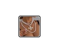 Vintage Pearl Big Cross Pendant Necklace for Women,Layered Stacked Beads Statement Gothic Choker Necklace Striking Punk Anniversary Jewerly Gifts, L, Metal, No Gemstone