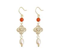 Vintage Pearl Clover Earrings, Red Bead & Crystal Four-Leaf Drop Earrings, Chinese Classical Earrings