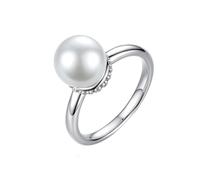 Vintage Pearl Rings for Women Vintage Wedding Band White Gold 18K Polished with Round Pearl Size O 1/2 Upgrade 3.0 for Aunt Birthday Jewelry