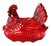 Vintage Pedestal Rooster Glass Candy Bowl Hen on Nest Dish for Nuts Snacks (Red)