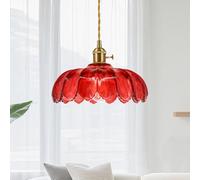 Vintage Pendant Light with Flower Glass Shade,Red Hanging Lights, Adjustable Cord Brass Fixture For Kitchen Island Dining Table Bedroom Nursery Office Entryway Hallway Foyer,E26 E27,Small Chandelier