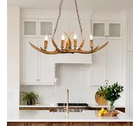 Vintage Pendant Lights E27 base Resin Antler Dining table Chandelier Height Adjustable Dining room pendant Lamp Rustic metal lampshade Hanging Lamp Living Room Bar Cafe teahouse Lighting Fixture(B)