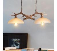 Vintage Pendant Lights E27x2 Resin Antler Chandelier Height Adjustable Dining Table Lamp Rustic Glass lampshade Hanging Lamp for Dining Room Lamp Living Room Bar Cafe Corridor Lighting Fixture(A)