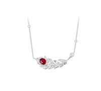 Vintage Pendant Necklace, Necklace Chain for Women Silver Leaf with Oval 0.87ct Created Ruby and Moissanite 9K White Gold 40+5cm