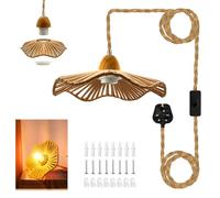 Vintage Pendant Plug in Light With 200 in Adjustable Wood Fixture - Industrial Hanging Cord, E27 Lamp Holder, Woven Lampshade Hemp Rope for Loft Farmhouse