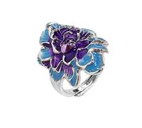 Vintage Peony Flower Rings for Women Dainty Enamel Floral Wedding Band Adjustable Elegant Chinese Style Blossom Thumb Finger Cocktail Ring Stackable Promise Jewelry for Girlfriend Valentine Size 7