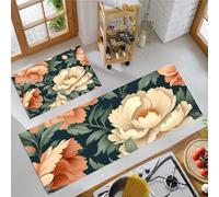 Vintage Peony Flowers Kitchen Rugs Sets Non Slip Washable Kitchen Mats Anti Fatigue Comfort Country Style Floor Mats for Laundry, Hallways, Sink 43x75cm+43x150cm Blue-Green