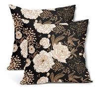 Vintage Peony Roses Floral Plant Pillow Covers 18X18 Inch Set of 2 Chinoiserie White Flower Leaves Decorative Pillow Cases Black Gold Cushion Case Vintage Home Decor for Sofa Couch Outdoor