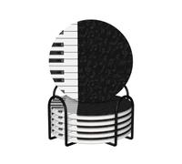Vintage Piano Keys Music Notes,Round Ceramic Coasters, Mugs Pad, Cups Mat Set of 6 Drinks Coasters With Holder