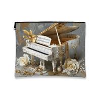 Vintage Piano Makeup Bag, Elegant Antique Music Cosmetic Travel Bags for Women, Portable Small Canvas Zipper Pouch, Special Occasion Gift Skincare Toiletry Bag Organizer, White, 7x9 Inch, Piano