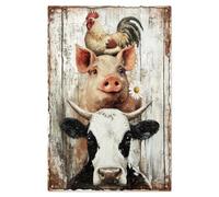 Vintage Pig Cow Chicken Metal Tin Sign, Retro Tin Sign Farmhouse Animals Home Wall Art Plaque Decor Funny Superimpose Animals Poster Decorations Gift 8x12 Inch